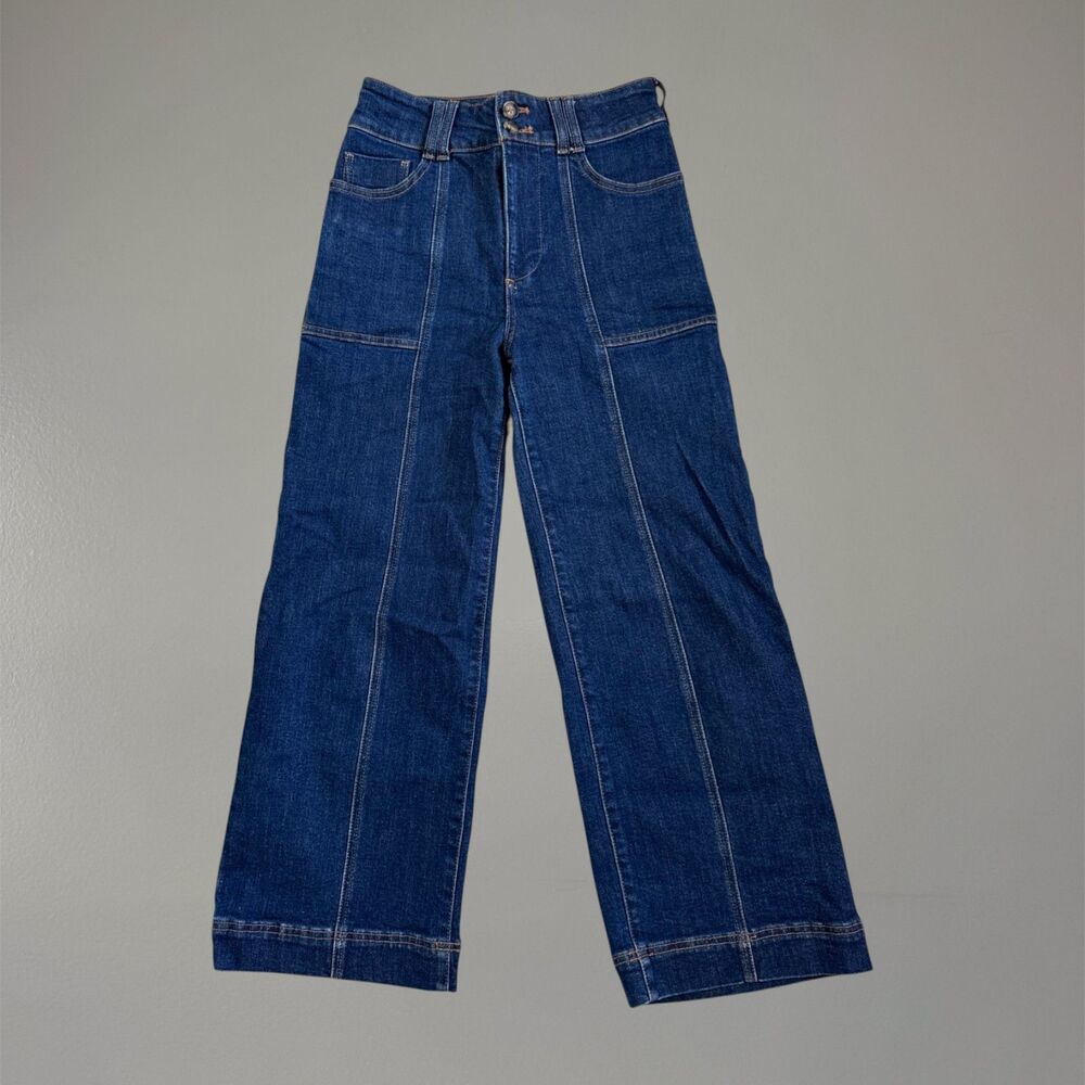 Anthropologie Contrast Stitch Panel Wide Leg Dark Wash Farmer Retro Jeans Sz26